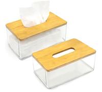 2 Pack Acrylic Tissue Box Holders, Large Clear Paper Holder with Wooden Cover, Rectangular Napkin Dispenser for Home Bedroom Office Bathroom Living Room, 23 x 13 x 10 cm