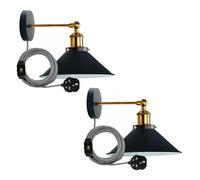 2-Pack Adjustable Black Metal Cone Wall Sconce Light with Dimmer Switch Plug-In, E27 Base for Indoor Home Decor, Office, Restaurant - Rustic Industrial Design, Heavy Duty, Adjustable Arm - 22cm