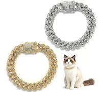 2 Pack Adjustable Rhinestone Pet Collar, Cuban Link Metal Chain Necklace with Secure Buckle, Lightweight Fashion Jewelry for Small Puppies Kittens, 8 Inch, Gold & Silver