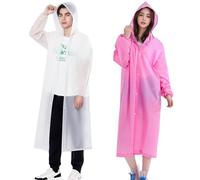 2 Pack Adult Rain Ponchos, Heavy Duty Reusable EVA Waterproof Raincoat with Drawstring Hood for Men & Women, Long 145cm Full Coverage Rainwear for Hiking, Festivals, Fishing (Fits Height 1.6-1.9m)