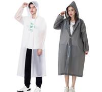 2 Pack Adult Rain Ponchos, Heavy Duty Reusable EVA Waterproof Raincoat with Drawstring Hood for Men & Women, Long 145cm Full Coverage Rainwear for Hiking, Festivals, Fishing (Fits Height 1.6-1.9m)
