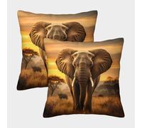 2 Pack African Savannah Luxury Digital Printed Soft 3D Elephant Themed Square Cushion Cover 40x40cm