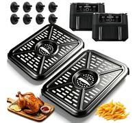 2 Pack Air Fryer Replacement Grill Plate for Ninja Foodi Dual Zone DZ401 DZ550, Non-Stick Crisper Plate Tray for 9.5L / 10 Quart Air Fryer Accessories with 8 Rubber Bumpers & Oil Brush
