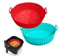 2 Pack Air Fryer Silicone Liners Pot for 3 to 5 QT, Basket Bowl, Replacement of Flammable Parchment Paper, Reusable Baking Tray Oven Accessories, Red+Blue, (Top 8in, Bottom 6.75in)
