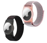 [2 Pack ] AirTag Bracelet for Adults,Compatible for Airtag,Breathable Hook&Loop Nylon Sport Style (Black-Pink)