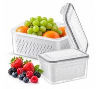 2 Pack Airtight Fruit Storage Containers, Leak Proof Fridge Containers, Fridge Organizers with Lids & Removable Colander, for Washing, Draining, and Extended Food Freshness (Rectangular Grey, 2 Sizes)