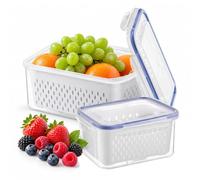 2 Pack Airtight Fruit Storage Containers, Leak Proof Fridge Containers, Fridge Organizers with Lids & Removable Colander, for Washing, Draining, and Extended Food Freshness (Rectangular Blue, 2 Sizes)