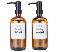 2 Pack Amber Glass Jar Soap Dispenser with Rustproof Pump, Prefdo 16Oz Boston Round Bottles with 12 PCS Waterproof Labels, for Bathroom Bedroom