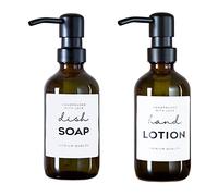 2 Pack Amber Glass Jar Soap Dispenser with Rustproof Pump, Prefdo 9Oz Boston Round Bottles with 12 PCS Waterproof Labels, for Bathroom Bedroom