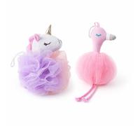 2 Pack Animal Bath Sponge for Kids - Soft Mesh Loofah Shower Puff with Hanging Loop for Exfoliation, Cute Flamingo and Purple Unicorn Design, Fluffy Texture, Daily Cleansing (2#Flamingo Unicorn)