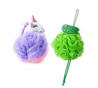 2 Pack Animal Bath Sponge for Kids - Soft Mesh Loofah Shower Puff with Hanging Loop for Exfoliation, Cute Flamingo and Purple Unicorn Design, Fluffy Texture, Daily Cleansing (Dinosaur Unicorn)