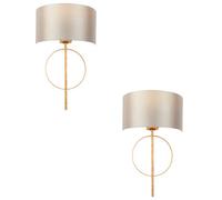 2 Pack Antique Gold Leaf Wall Light & Mink Satin Shade Dimmable Filament Lamp