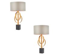 2 PACK Antique Gold Table Lamp & Mink Satin Shade - Black Marble Base Desk Light