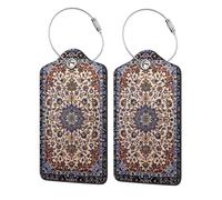 2 Pack Antique Persian Pattern, Blue Oriental Luggage Tags for Suitcases PU Leather Privacy Protection Bag Tags Travel Essentials
