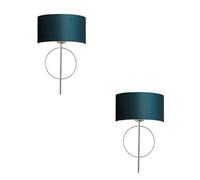 2 Pack Antique Silver Leaf Wall Light & Teal Satin Shade Dimmable Filament Lamp