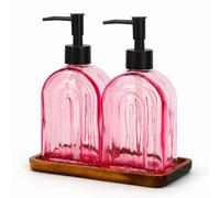 2 Pack Arch Glass Soap Dispenser 400ml with Wood Tray | Rustproof Plastic Pump, Pink Arch Glass, For Lotions, Essential Oils & Liquid Soaps, Great For Kitchen & Bathroom