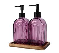 2 Pack Arch Glass Soap Dispenser 400ml with Wood Tray | Rustproof Plastic Pump, Purple Arch Glass, For Lotions, Essential Oils & Liquid Soaps, Great For Kitchen & Bathroom