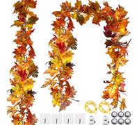 2 Pack Artificial Autumn Garland with Lights Autumn Decorations, 5.9Ft Fall Maple Leaves Garland for Home Thanksgiving Fireplace Halloween Fall Wedding Party Decor, Yellow
