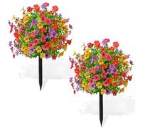 2 Pack Artificial Boxwood Ball Topiary Tree with Ground Spikes, 23.6" UV Resistant Fake Shrubs with Flowers for Outdoor, Realistic Artificial Bushes for Indoor Front Door Garden Porch Patio Decor