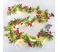 2 Pack Artificial Christmas Garland String Lights with 162 Snowy Red Berries 55 Green Leaves 20 LED Lights Battery Operated for Xmas Mantle Indoor Outdoor Holiday Christmas Decoration