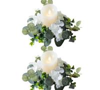 2 Pack Artificial Eucalyptus Leaves Wreaths Candle Rings Wreaths 10 Inch Small Boho Wreath Pillar Candle Holder for Wedding Home Door Tabletop Decoration (White-2pcs)