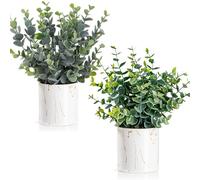 2 Pack Artificial Eucalyptus Plants, White Ceramic Pots, Faux Greenery Decor with Different Leaf Styles, Small Fake Potted Plants for Table, Desk, Home, Bathroom, Office Decor