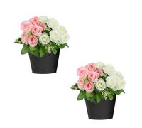 2 Pack Artificial Flowers for Graves, 12 Heads Grave Artificial Flower Pots, Fake Silk Rose Floral with Pot, Outdoor Funeral Flowers for Cemetery, Memorial, Christmas Tribute, Headstones Decoration