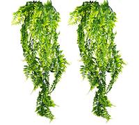 2 Pack Artificial Hanging Plants, Plastic Fake Ferns Ivy Green Leaves Hanging Garland, Fake Vine Hanging Basket, Greenery Faux Trailing Plant for Room Decor, Garden, Indoor Outdoor, Wall Decoration