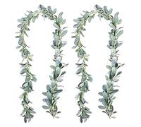 2 Pack Artificial Lambs Ear Greenery Garland Flocked Green Leaves Vines Garland Faux Lambs Ear Vine for Home Farmhouse Wedding Party Mantle Decor