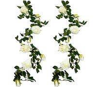 2 Pack Artificial Rose Garland, 6.5ft Fake Silk Rose Flower Hanging Artificial Vine for Wedding, Party, Festival, Room Decor, Office, Garden Decoration (White)