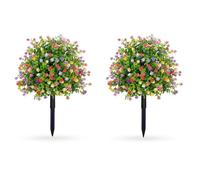 2 Pack Artificial Topiary Ball Trees with Flowers 60cm Decorative Faux Boxwood Topiary Plant with Ground Spike Fake Greenery Shrubs Plants for Outdoor Indoor Room Garden Porch Decor