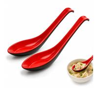 2 Pack Asian Chinese Soup Spoons, Red Black Plastic Ramen Noodle Spoons, Heat Resistant Dishwasher Safe Utensils for Wonton, Soba, Pho, Rice & Hot Soups