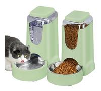 2 Pack Automatic Cat Feeder and Stainless Steel Water Dispenser, Gravity Dog Waterer Set Food Feeder and Waterer Set for Small Medium Kitten Puppy Pets(1 Gallon x 2, Green)