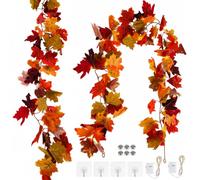 2 Pack Autumn Decor, Fall Leaf Wreaths, Artificial Maple Leaves | Includes 4 hooks & 2 light strings. Ideal for home, wedding, fireplace, party, Christmas and Thanksgiving autumn decorations