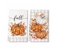 2 Pack Autumn Tea Towels, Pumpkin Dish Cloths for Fall Kitchen Decor Set | 40x60cm polyester hand towels with leaf and grey check designs for harvest decor, bars, coffee corners and home gifts