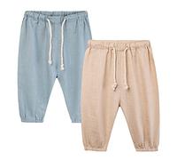 2 Pack Baby Boys Cotton and Linen Harem Pants Drawstring Summer Kids Casual Pull-On Bloomers Trousers Jogger