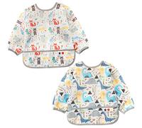 2 Pack Baby Long Sleeved Bibs, Waterproof Baby Smock Drool Bibs With Sleeves Toddlers Wipe Clean Coveralls Weaning Bib Aprons Comics Art Bibs with Pocket for Boy Girl Eating Painting 6-24 Months