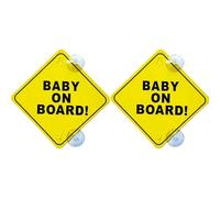 2-Pack Baby On Board Car Signs - 5"x5" High-Visibility Yellow Safety Decals with Strong Suction Cups & Reflective Trim - Durable, Weatherproof Design for Child Safety