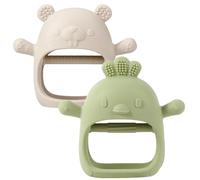 2 Pack Baby Teether Toy, BPA Free Silicone Mitten Glove Teether for Sucking Needs, Baby Teething Toys 0-3-6-12 Months, Hand Pacifier Chew Toys for Teething Pain Relief (Beige + Green)