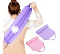 2 Pack Back Scrubber for Shower, Nylon Exfoliating Washcloth Towel Back Exfoliator for Shower with Handles, Stretchable Pull Strap Back Washer for Shower for Women Men Cleans Skin(Pink, Purple)