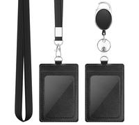 2 Pack Badge Holders, Vertical PU Leather ID Badge Card Holder with Detachable Neck Lanyard Strap and Retractable Badge Reel ID Card Holders Set
