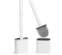 2 Pack Bathroom Silicone Toilet Brushes Holder SetsNo-Slip Long Plastic Handle Soft Flexible Bristles,Toilet Brushes holders Base Anti-drip (White)