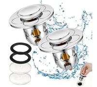 2 Pack Bathroom Sink Plug Replacement, Universal Pop Up Sink Plugs Drain Stopper with Anti-Clogging Strainer, Brass Core Stainless Steel Bounce Core, Push Type Basin Plug for 34-40mm Drain Holes