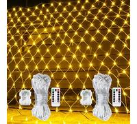 [2 Pack] Battery Operated Christmas Net Lights Warm White 1.5m x 1.5m 100 LED Fairy Lights with Remote Timer 8 Modes Dimmable Outdoor Net Mesh Lights for Christmas Tree Bush Garden Backyard Décor