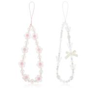 2 Pack Beaded Phone Bracelet Strap Crystal Butterfly Flower Pearl Phone Charms Strap Colorful Acrylic Beaded Phone Charm Wrist Strap Handmade Mobile Phone Chain for Women Anti-Lost Lanyard
