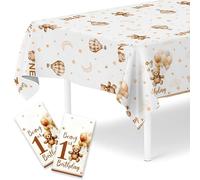 2 Pack Bear First Birthday Decorations for Boys Table Cloth, Teddy Bear Picnic Decorations - Large Rectangular Table Cover 220 x 130 cm Brown Bear Birthday Party Decorations Supplies