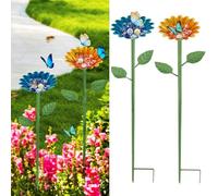 2 Pack Bee Watering Station for Garden Iron Bee Watering Cups with Glass Marble and Flower Design Flower Stakes Bird Feeders Bird Drinking Cup for Outdoor Beehive Grassland Flowerpot Accessory