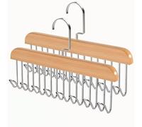 2 Pack Belt Hanger with 16 Hooks, Non-Slip Wooden Skid-Proof Belt Holder, Space-Saving Rotating Display Rack for Belts, Tops, Hats (Wooden)