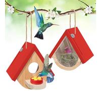 2 Pack Bird Houses with Feeder, Window Wooden Birdhouse for Viewing Inside, Hanging Hummingbird House Outdoor with Hemp Ropes for Bluebird Finch Chickadee Nesting