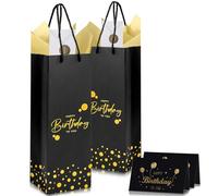 2 Pack Birthday Gift Bags for Bottles, Black Wine Gift Bags with 4Pcs Tissue Paper & 2Pcs “Happy Birthday” Gift Cards, Spirits Tote Bag Bottle Bags for Man Women Birthday Party Supplies